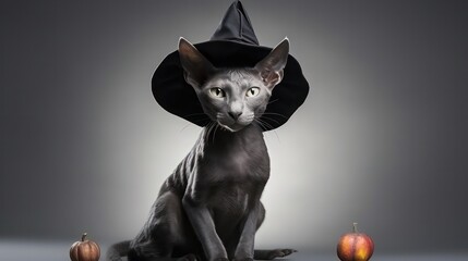 a photograph of cute Oriental Shorthair cat use witch hat for halloween celebration generative ai