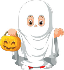 Canvas Print - Cute kid in a ghost costume celebrating Halloween