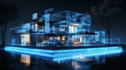Wall Mural - Modern house building technology hologram blue light 