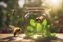 A Bee Is On A Glass Jar With Green Leaves.
