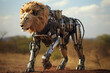 A realistic cyborg male lion, africa, robot. 
Generated AI