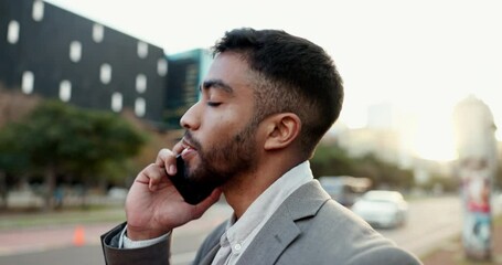 Canvas Print - Phone call, smile and businessman in the city for communication, talking or corporate chat. Technology, professional and happy male lawyer on a mobile discussion with cellphone in an urban town road.