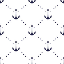 Dark Blue Anchors And Dots On White Background. Vector Seamless Pattern. Marine Boyish Theme. Best For Childish Textile, Print, Wallpapers, And Nursery Decoration.