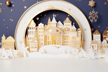 premium podium snow snowy house snowflakes christmas background gift gold 3d illustration houses 3d ornament art christmas render snowflakes winter concept minimal abstract paper splay