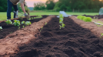 Wall Mural - Soil before planting in a prepared vegetable bed. Blurred farmers on the background