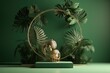 premium podium splay product pedestal pastel line art tropical leaves minimal stage gold 3 promotion green background frame stand Nature beauty shadow 3D Cosmetic Studio green palm