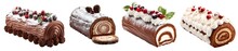 Christmas chocolate yule log cake on transparent background cutout. PNG file. Many assorted different design. Mockup template for artwork design
