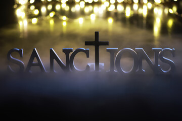 Poster - Word Sanctions made of wooden block letters with dramatic lighting and smoke