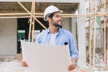 Wall Mural - Construction engineer builder work in construction site. Architect home project foreman chief designer happy with floor plan.