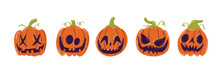 Set Of Halloween Scary Pumpkins Cut. Spooky Creepy Pumpkins Cut. Isolated On White Background