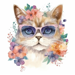  Cute colorful cat watercolor isolated on white background