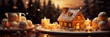 Wunderschönes Lebkuchenhaus zur Weihnachtszeit mit Zuckerguss dekoriert im Querformat als Banner, ai generativ
