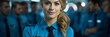 Blonde hübsche Flugbegleiterin in blauer Uniform im Flugzeug blickt freundlich im Querformat für Banner, ai generativ