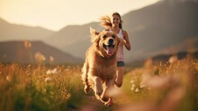Golden Retriever Dog Is Running With The Owner, A Happy, Smile Woman Happily In The Morning Sunrise.	