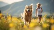 Golden retriever dog is running with the owner, a happy, smile woman happily in the morning sunrise.	
