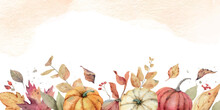 Watercolor Vector Autumn Border With Colorful Pumpkins And Foliage.