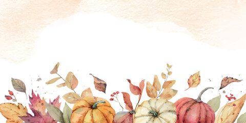 Wall Mural - watercolor vector autumn border with colorful pumpkins and foliage.