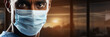 Afroamerikanischer Arzt Gesicht mit Mundschutz Nahaufnahme im Querformat als Banner, ai generativ