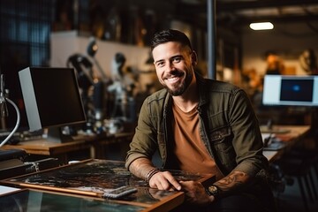 Wall Mural - Portrait of a handsome young man working in a leather workshop.