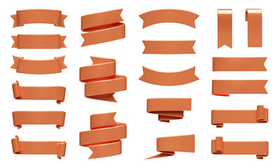 Poster - Bronze ribbon banner 3d render set.