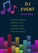 Illustration of musical notes with dj event, date and venue, timings and dj names, copy space