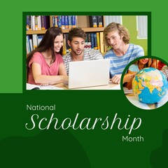 Poster - Composite of caucasian students discussing over laptop in library, national scholarship month text