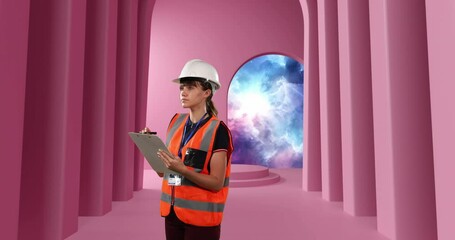Poster - Animation of caucasian female worker over clouds