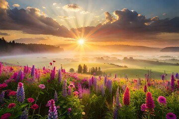 Canvas Print - Colorful flower meadow with sunbeams and bokeh lights in summer