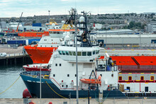 Large Ships Docked In The Industrial Port Of Aberdeen, Scotland, UK.