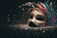Colorful Mask On A White Background With Confetti, Holidays Circus, Carnival