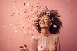 © radekcho - Fun party girl, smiling woman throwing confetti on a pastel pink background. Composition for birthday or woman's day. Party time concept.