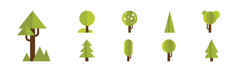 Wall Mural - Green Flat Tree Icons with Lush Crown and Trunk Vector Set