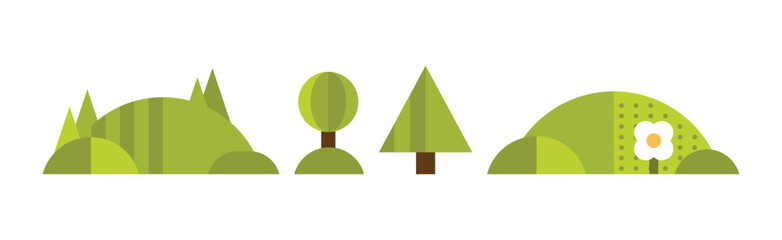 Canvas Print - Green Flat Tree, Hill and Flower Icons Vector Set