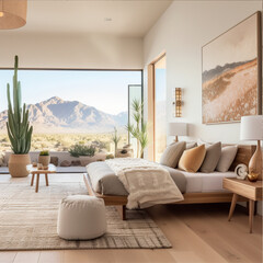 modern japanese style master bedroom, light color, warm tones, white walls, in arizona, with views of camelback mountain