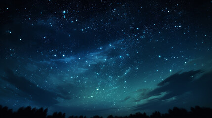 blue dark night sky with many stars above field of trees. generative ai.