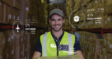 Sticker - Animation of icons with data processing over caucasian male worker in warehouse