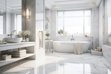 Wall Mural - Modern style of marble bathroom interior decorate with bathtub, mirror and sink, minimal decor concept.