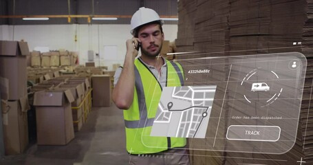 Poster - Animation of digital interface with data processing over caucasian male worker taking on smartphone