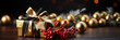 Geschenk mit rote Beeren und goldene Weihnachtskugeln Nahaufnahme als Banner im Querformat, ai generativ