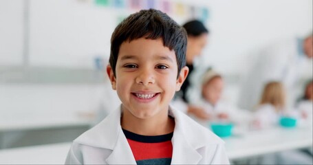 Poster - Boy, face and child scientist in class with education, smile and knowledge, learning and study at school. Lab research, student in science classroom and happy in portrait, growth and development