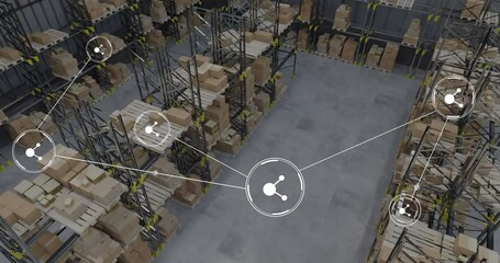 Poster - animation of network of conncetions with icons over warehouse