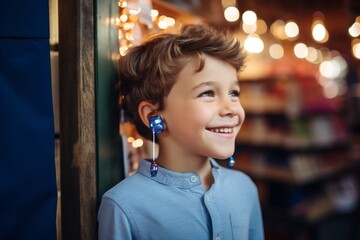 Portrait of a smiling little boy with earphones in his hand
