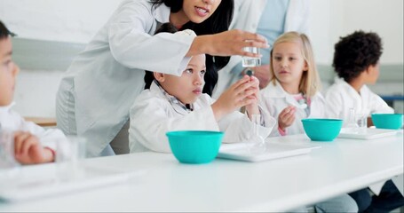 Poster - Education, science and teacher with children in a class for an experiment, study or research. Knowledge, chemistry and woman scientist working with kid students for chemical reaction in a school lab.