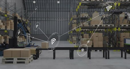 Poster - animation of network of conncetions with icons over boxes on conveyor belt in warehouse