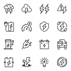 thunder related vector line icons set. shock, lightning, renewable, sustainable, performance, recycle, flash, protect, stroke, speed, eco, electricity, outline, shield, fast, electrician