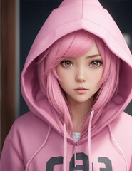 Wall Mural - A girl with a pink hoodie and a pink hoodie by Generative AI