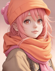 Sticker - Cute anime girl with a pink scarf by Generative AI