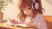 Young Manga Style Girl Studying By Generative AI