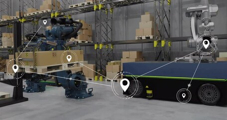 Poster - animation of network of conncetions with icons over robotic arms and boxes in warehouse