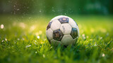 Fototapeta Sport - Close-up of a soccer ball on the vibrant green field